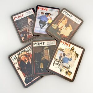Set of 6 New Norman Rockwell Coasters Cork Saturday Evening Post Americana Art